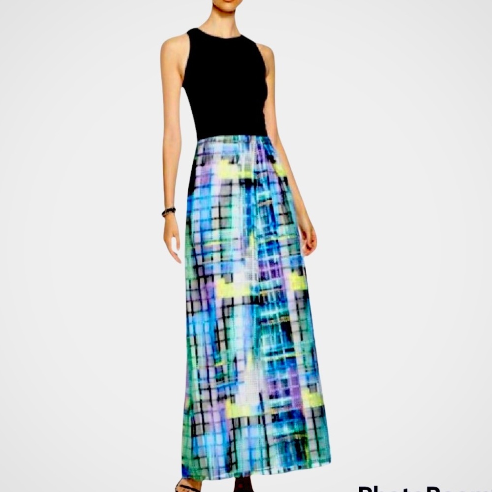Aiden Mattox Black & Blue Organza Windowpane Dress